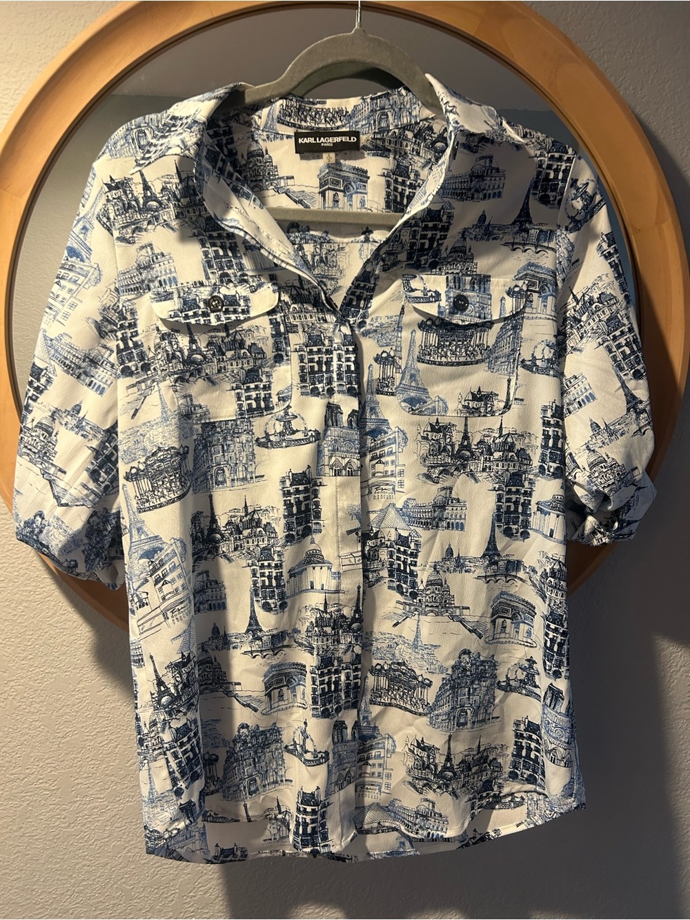 Karl Lagerfeld White Shirt with Blue Architectural Print